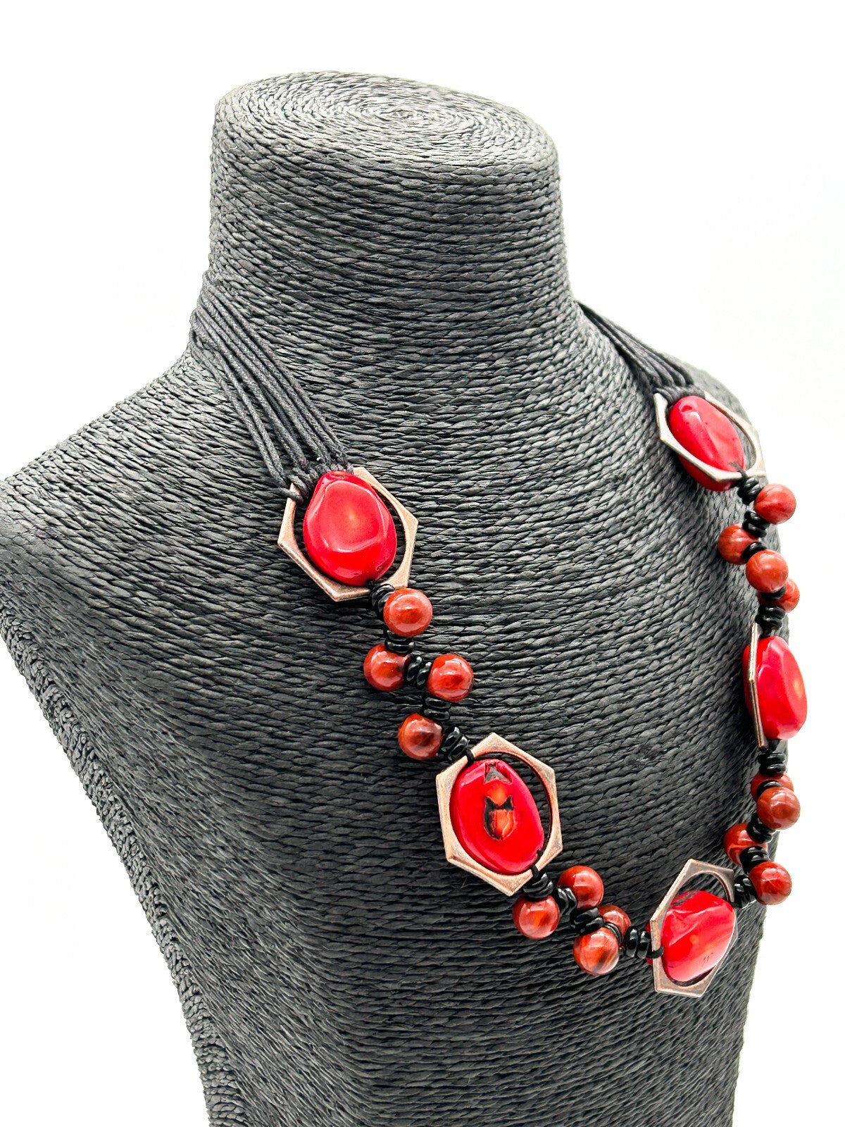 Chunky Red Coral Nugget Necklace Bronze Hexagon Beads Multi Strand Statement