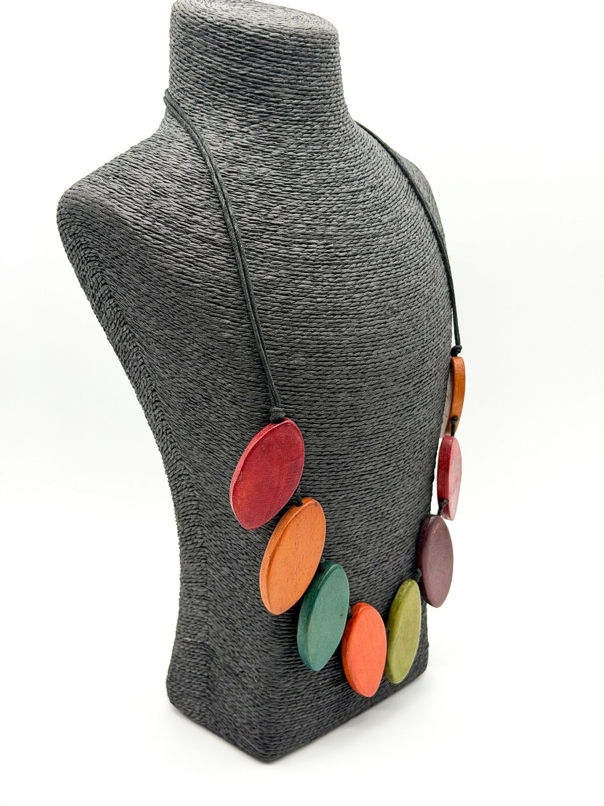 Chunky Wood Statement Necklace Boho Dyed Oval Beads Adjustable Green Orange Red