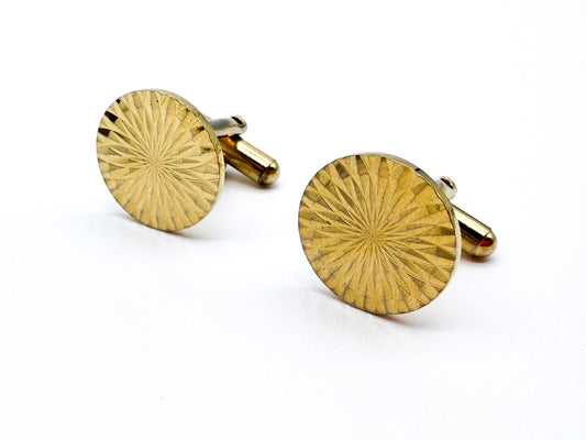 Vintage Gold Tone Engine Turned Cufflinks Diamond Cut Sunburst Round
