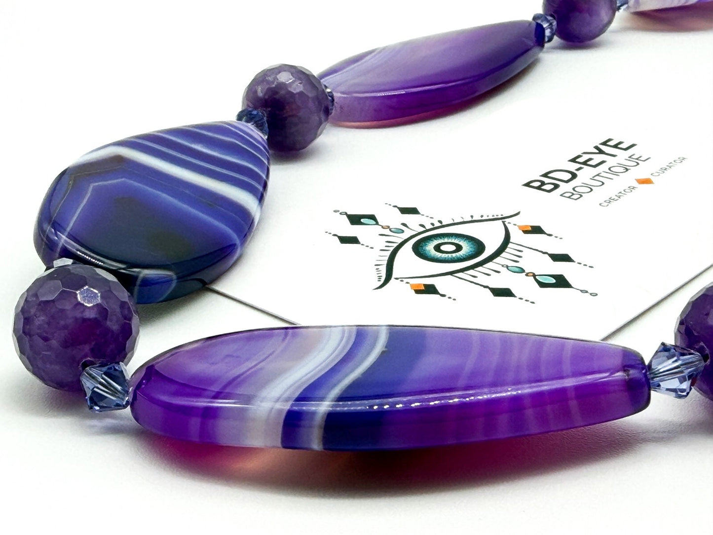 Chunky Amethyst & Purple Banded Agate Gemstone Necklace Faceted Crystal Beads