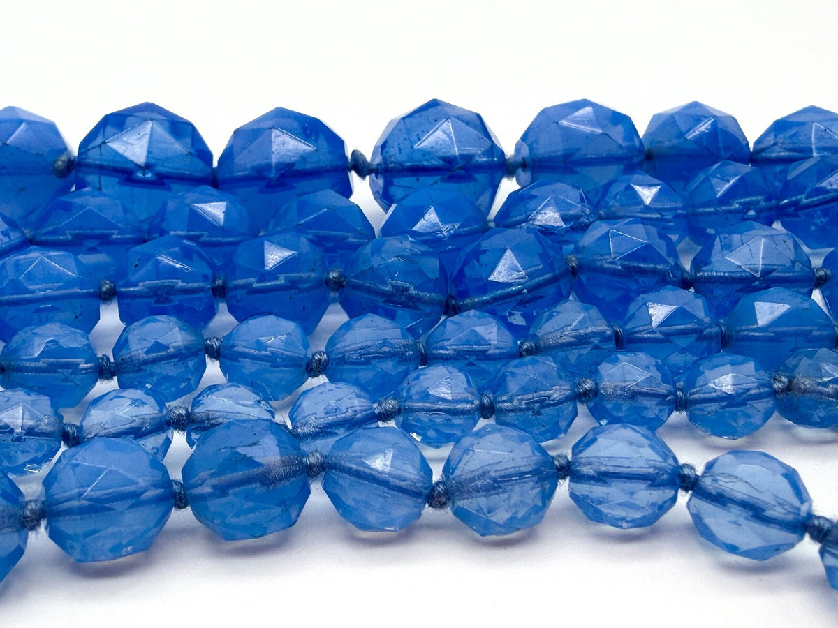 Vintage Long Blue Faceted Glass Bead Necklace Hand Knotted Continuous Strand