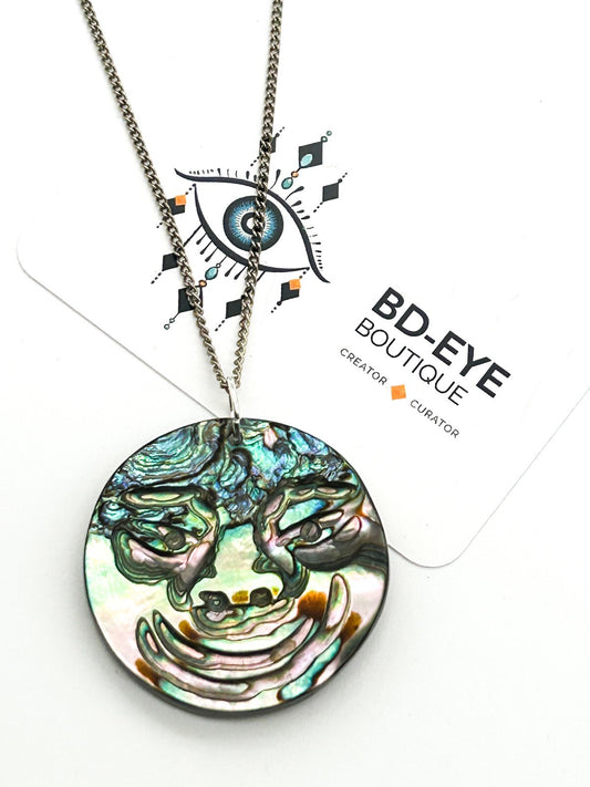 Carved Natural Paua Abalone Shell Face Pendant Necklace Iridescent Statement