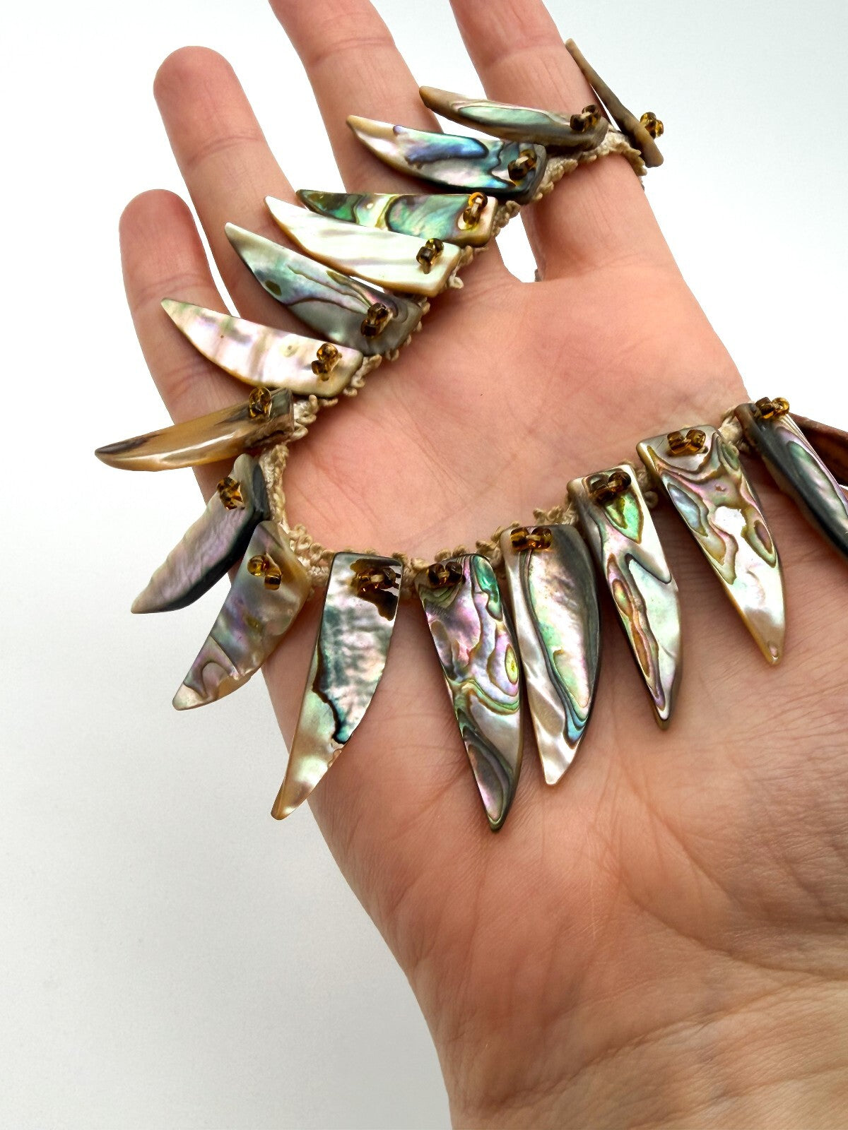 Vintage Abalone Shell Feather Spike Necklace Lace Beaded Statement 17” Boho