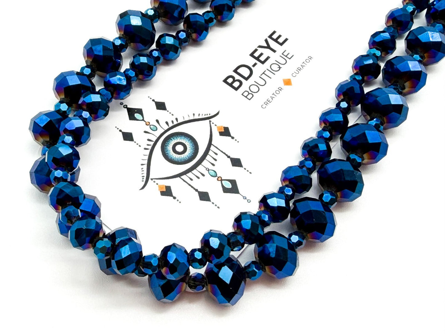 Multi Strand Blue Purple Iridescent Oil Slick Glass Beaded Necklace 925 Toggle