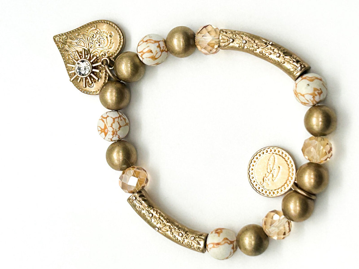 Signed Bibi Bijoux Ornate Heart Charm Bracelet Gold Tone Crystal Marble Stretch