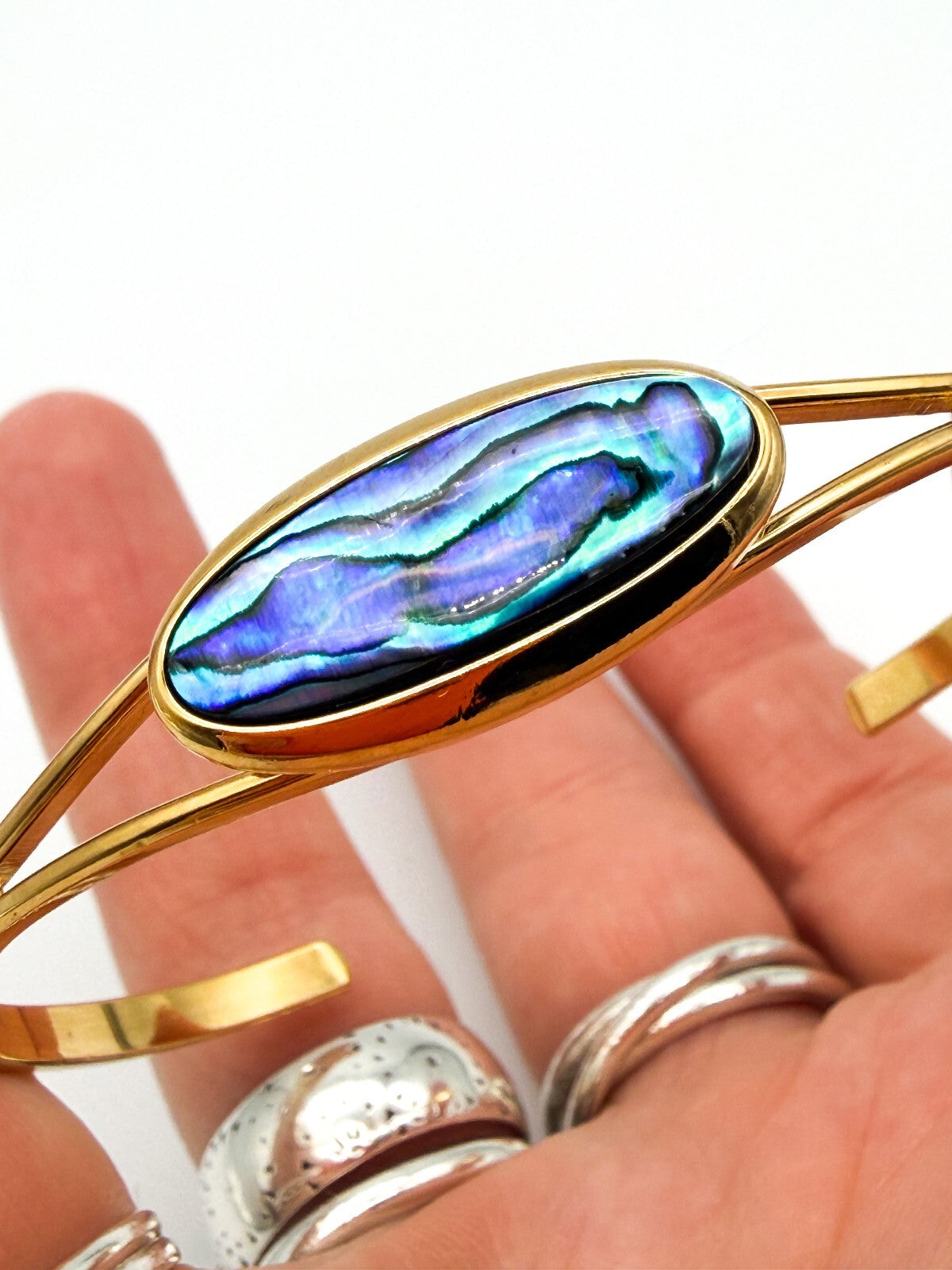 Gold Tone Abalone Paua Shell Torque Cuff Bangle Blue Green Iridescent Bracelet