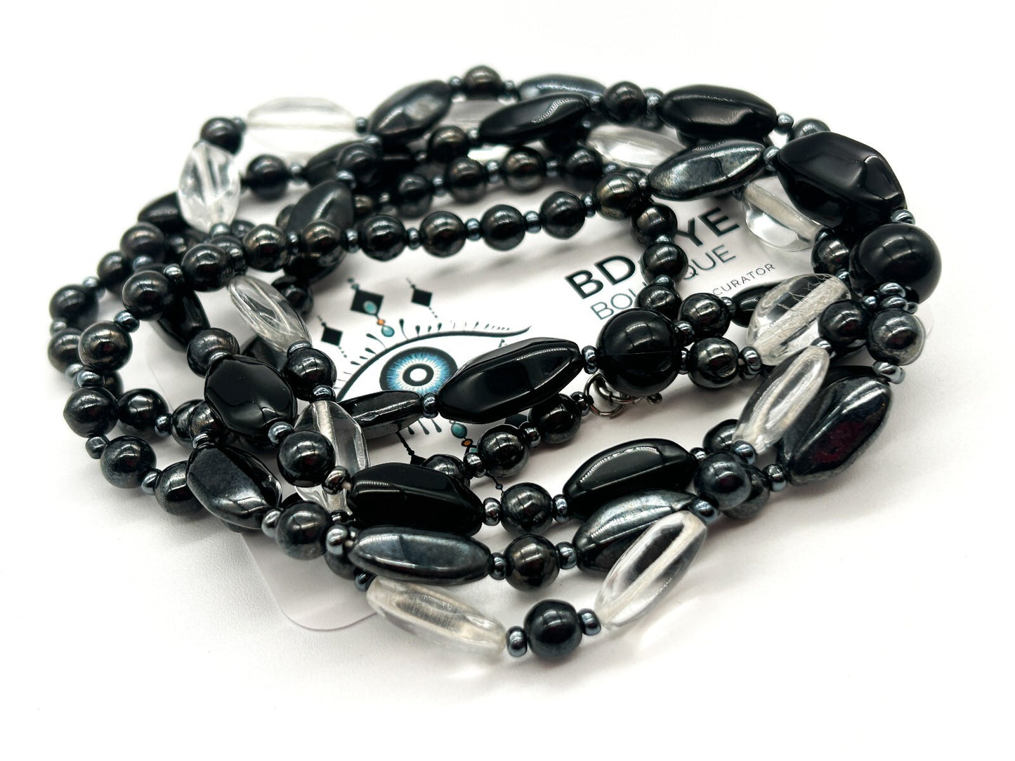 Vintage Black Clear Glass Triple Strand Twist Necklace Statement Beaded 26.5”