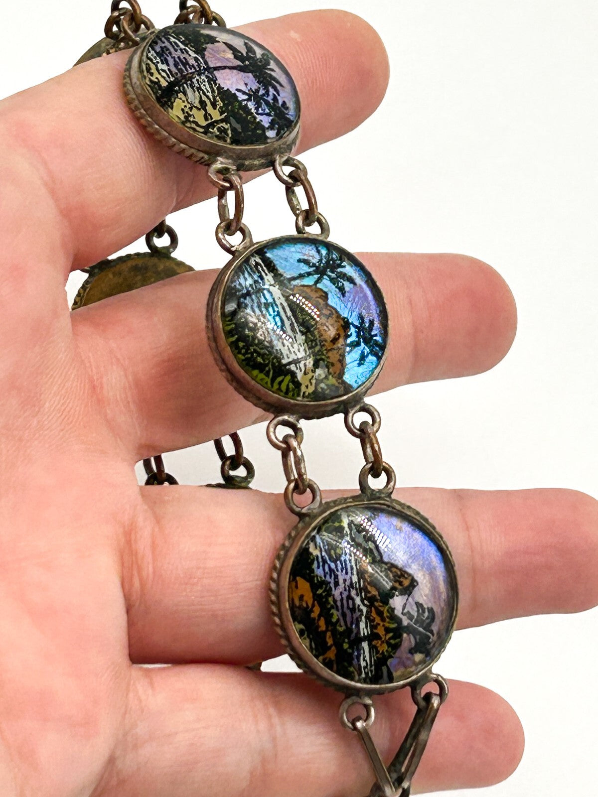 1920-30s Morpho Butterfly Wing Bubble Glass Bracelet Deco Retro Made in Brazil