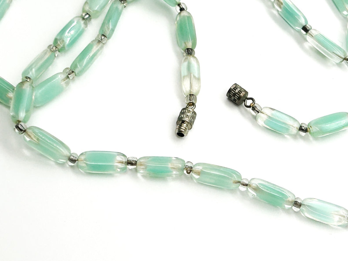 Vintage Czech Givre Glass Necklace Spearmint Blue Green Beads Long 23.5”