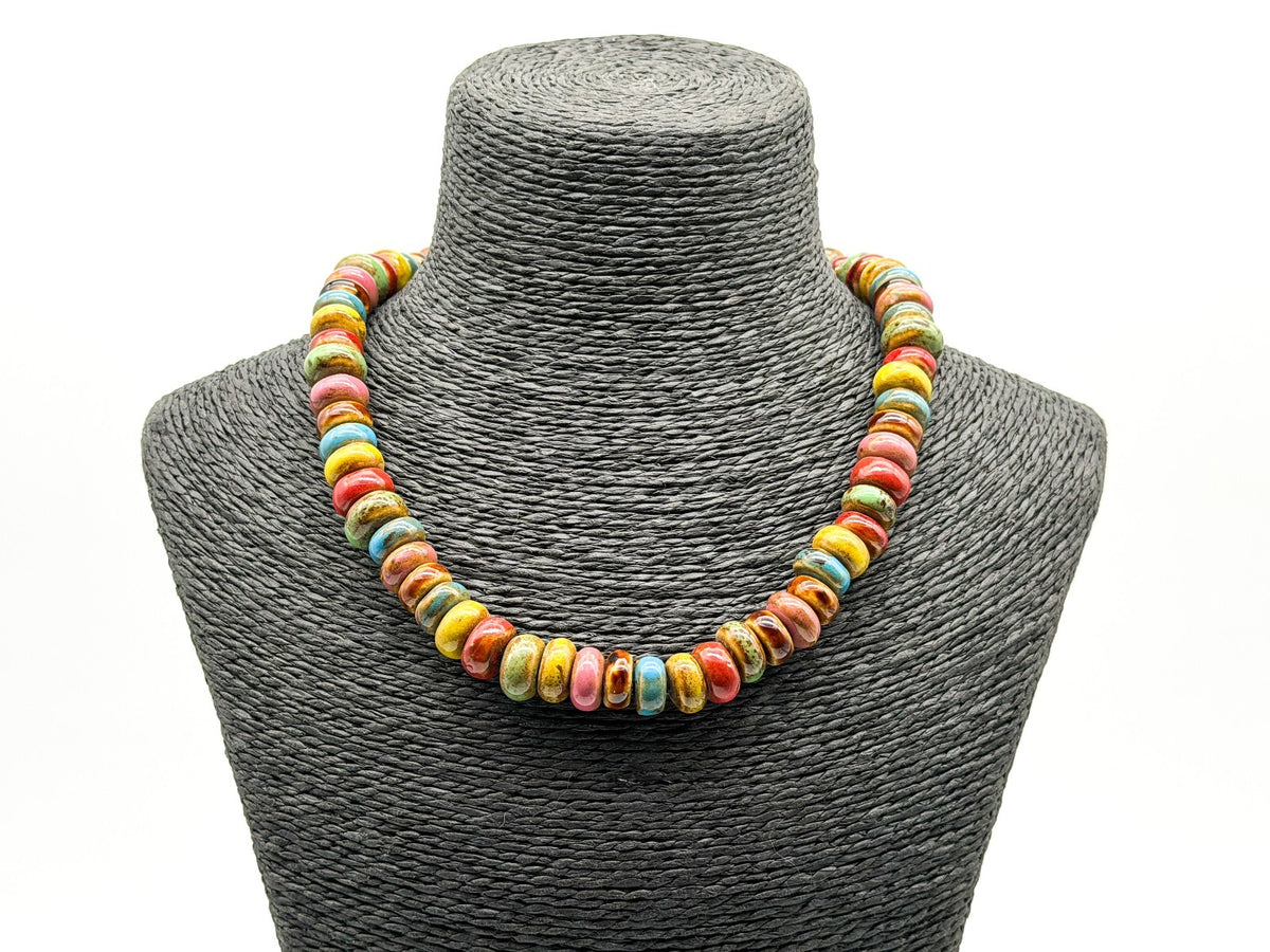 Multicolour Glazed Ceramic Disc Necklace Artisan Boho Statement Toggle Earthy