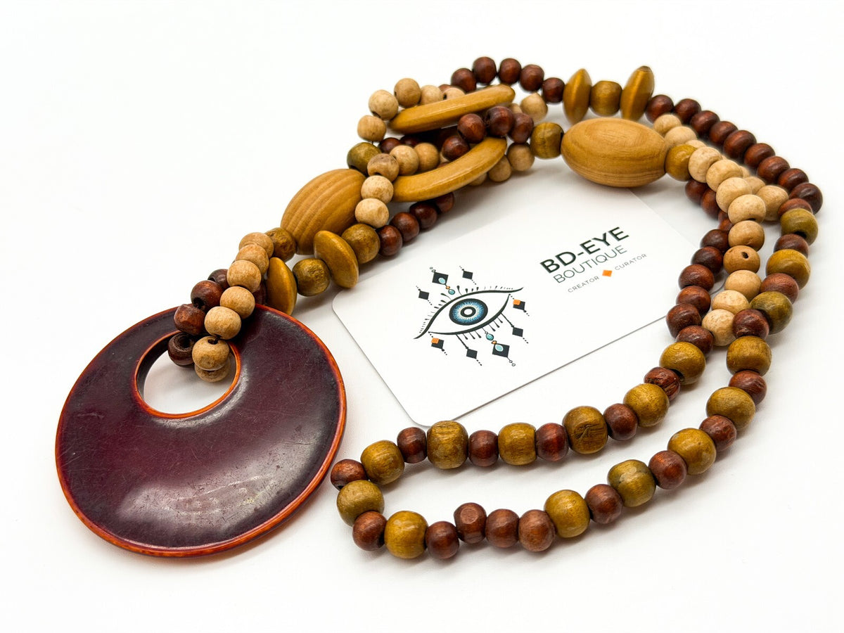 Boho Wood & Resin Statement Necklace Large Disc Pendant Natural Wooden Beads