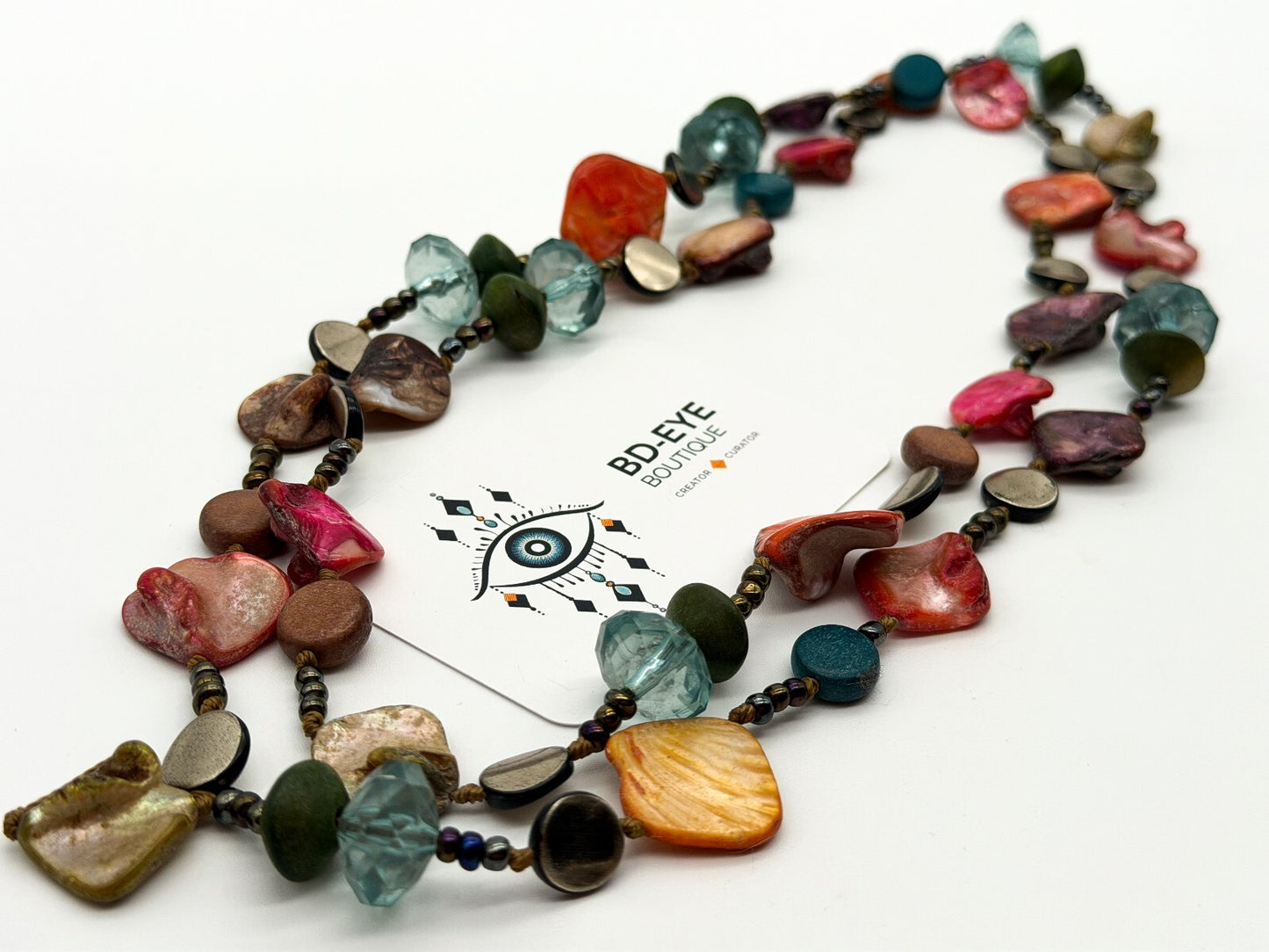 Boho Long Hand Knotted Shell Wood Acrylic Bead Statement Necklace Multicolour