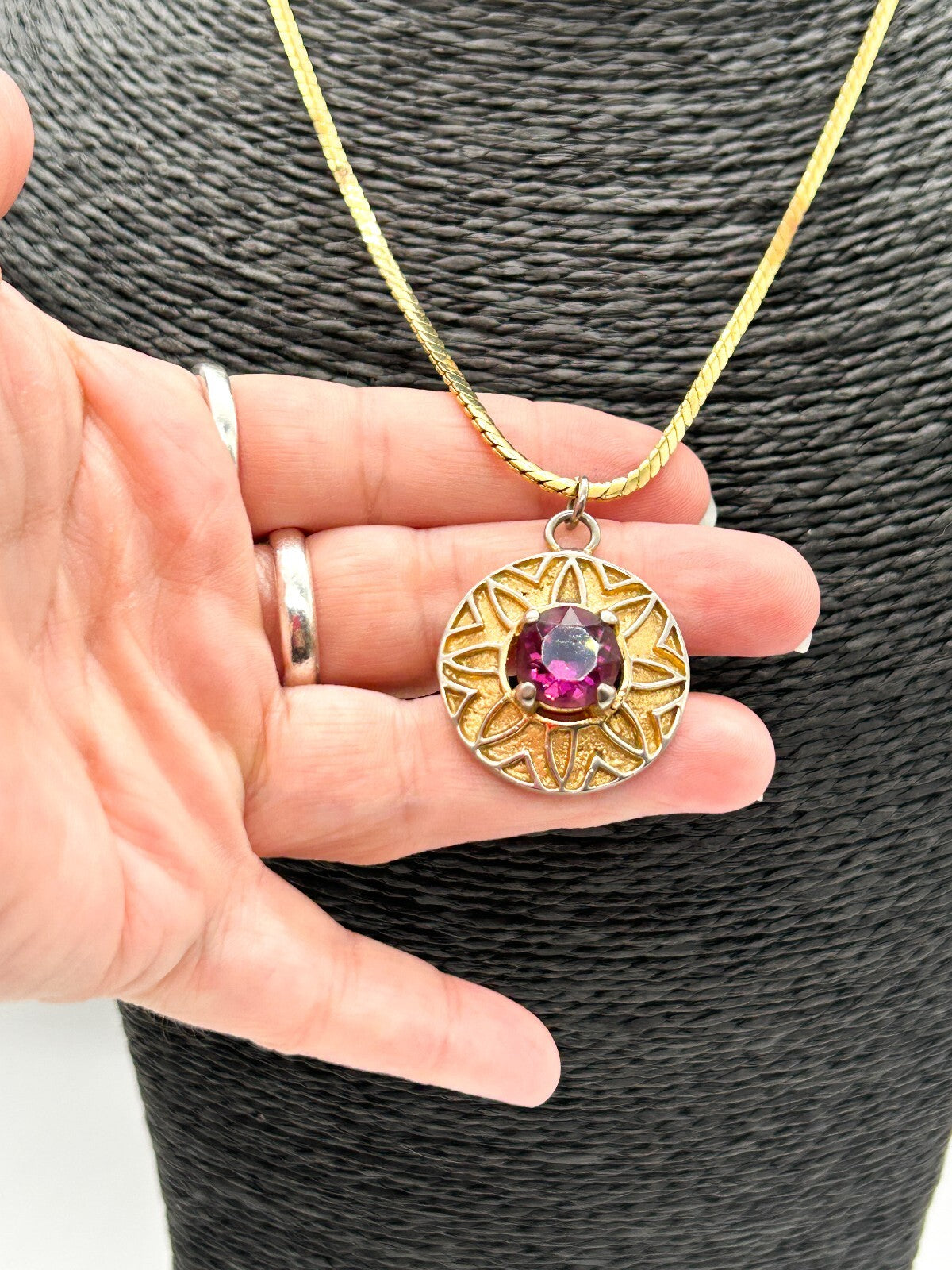 Vintage Purple Glass Statement Pendant Necklace Gold Tone Retro Jewellery