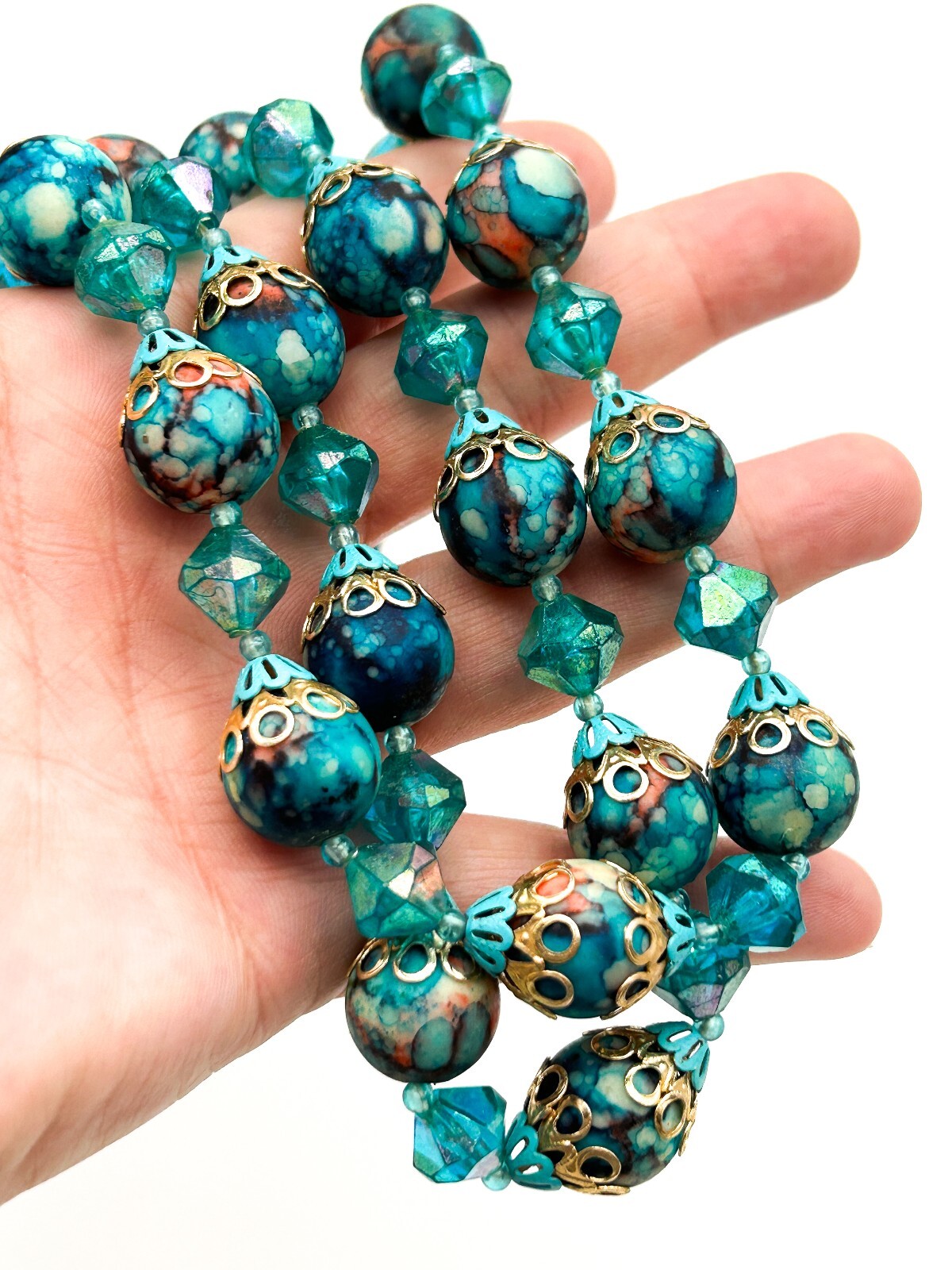 Vintage Hong Kong Double Strand Turquoise Marble Bead Necklace Blue Statement