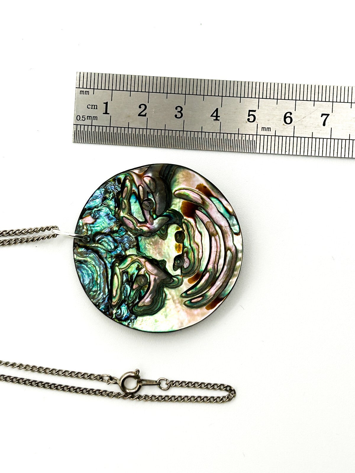 Carved Natural Paua Abalone Shell Face Pendant Necklace Iridescent Statement