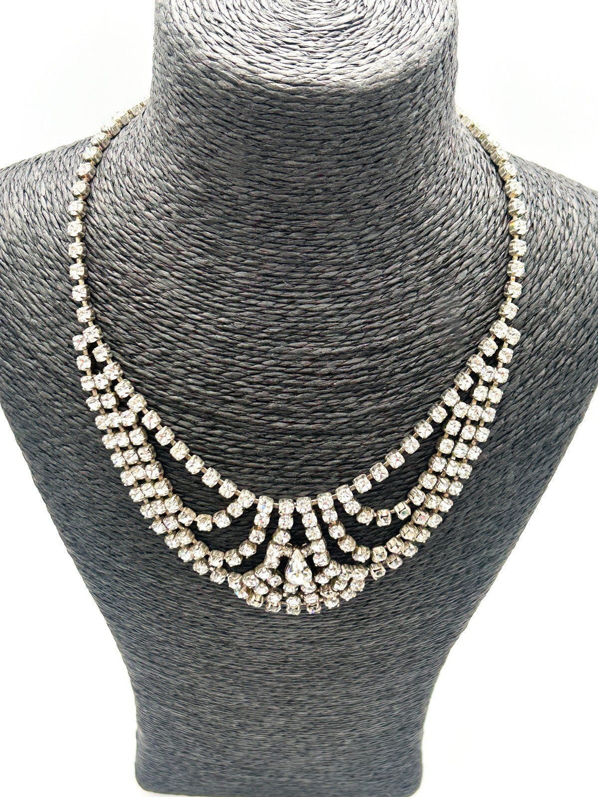 Vintage Rhinestone Bib Necklace Silver Tone Draped Cup Chain Bridal Statement