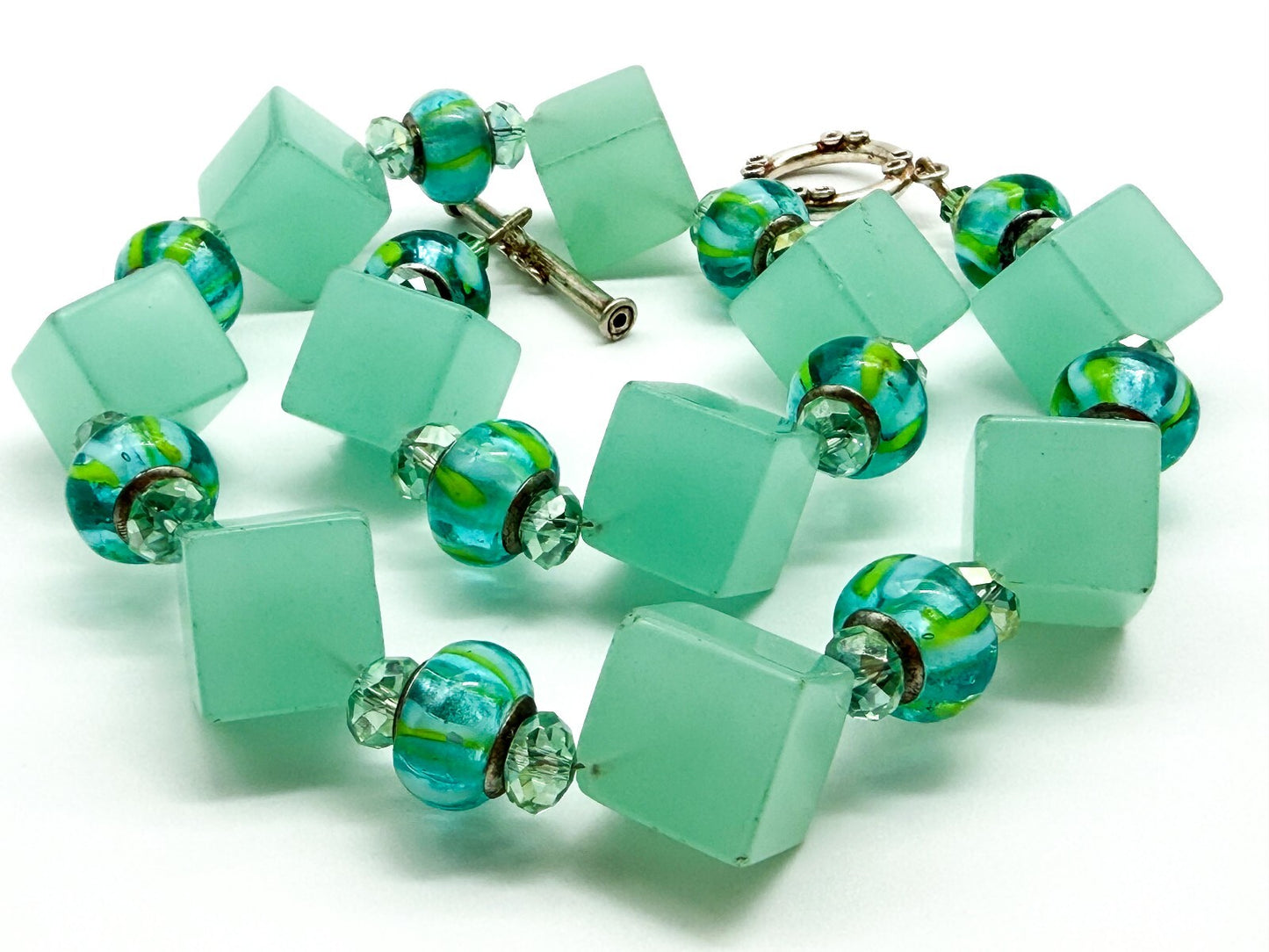 Chunky Mint Green Glass Statement Necklace Lampwork Glass Toggle Clasp