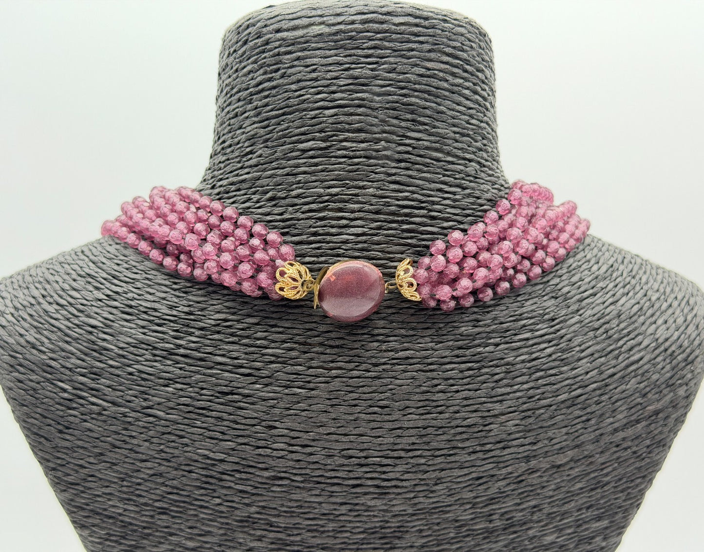 Vintage Hong Kong Style Purple Mauve Multi Strand Beaded Necklace Acrylic Collar