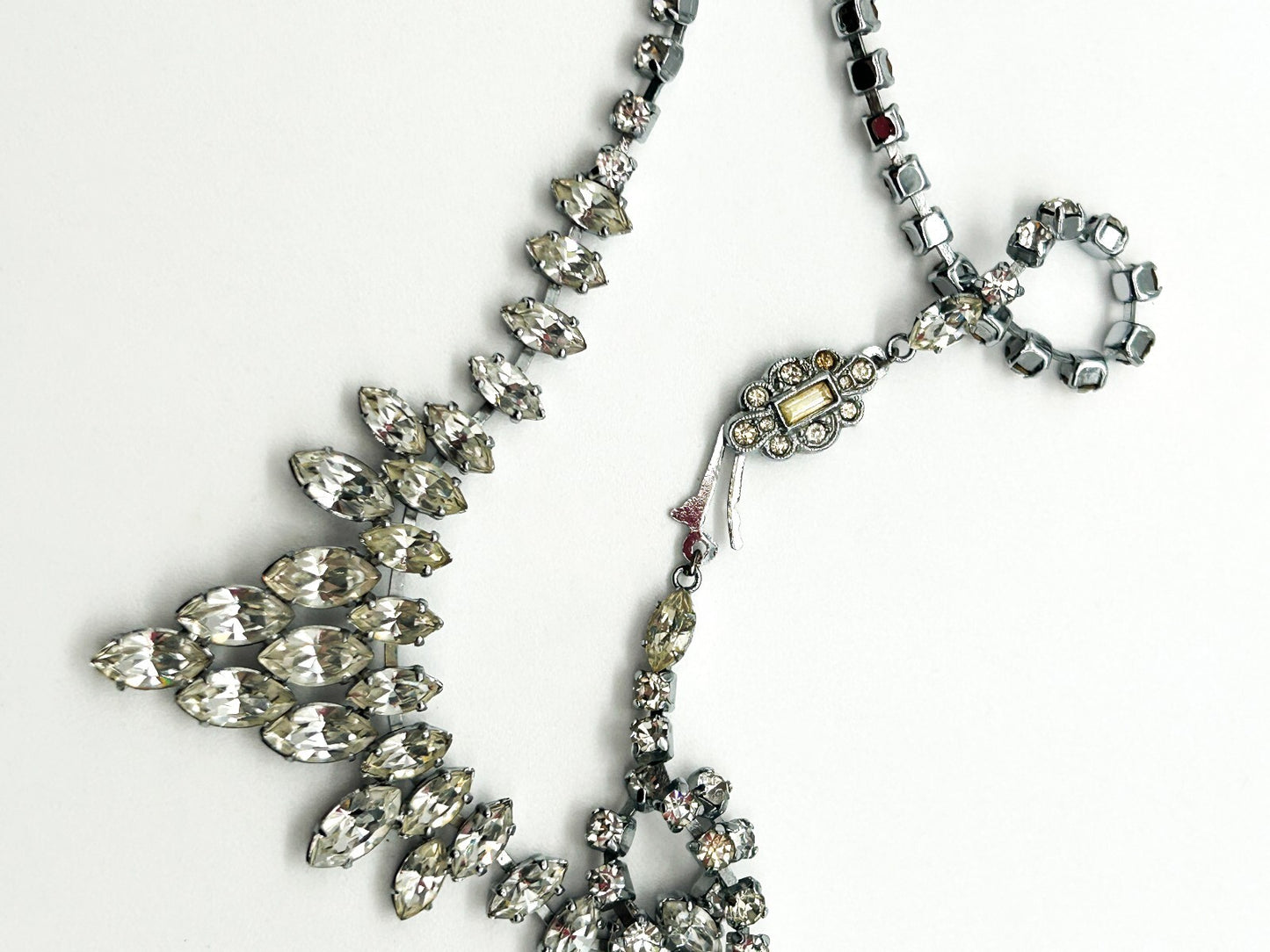 Vintage Clear Marquise Rhinestone Statement Necklace Silver Tone Bridal Wedding