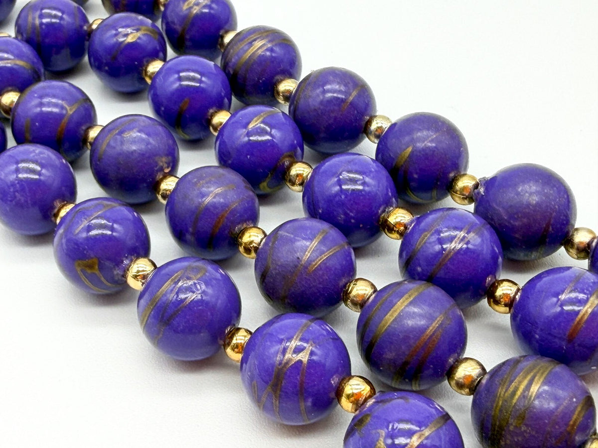 Vintage Purple Marbled Acrylic Bead Necklaces Gold Swirl Beads Necklace Duo