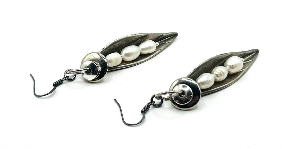 Freshwater Pearl Sculptural Leaf Earrings Silver Tone BD-Eye Original