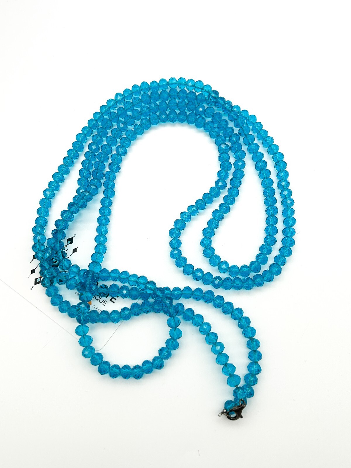 Long Aqua Blue Crystal Glass Bead Necklace Faceted Rondelle Multi Wrap 80”
