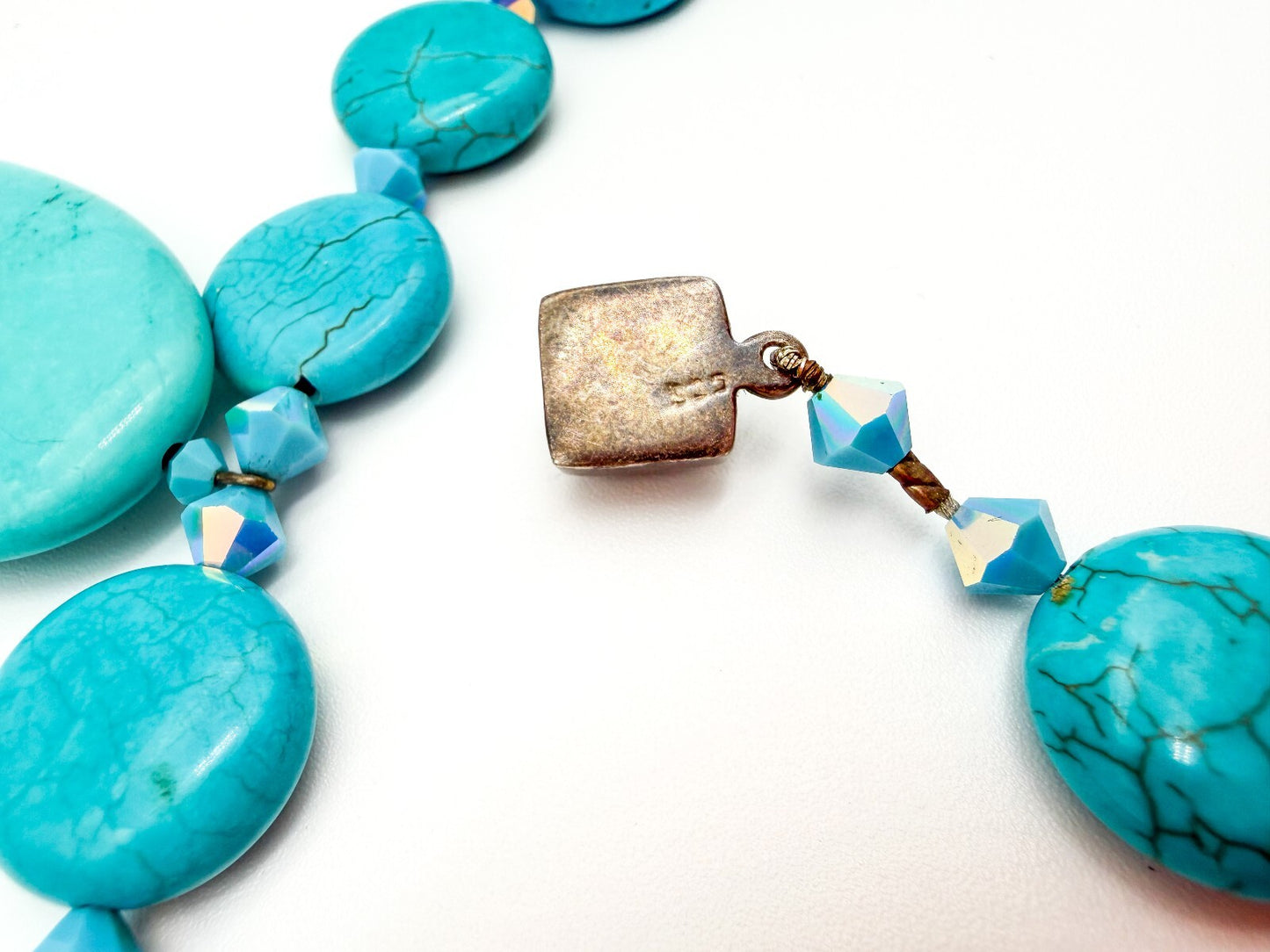 Turquoise Blue Magnesite Pendant Necklace AB Crystal Sterling Silver Box Clasp