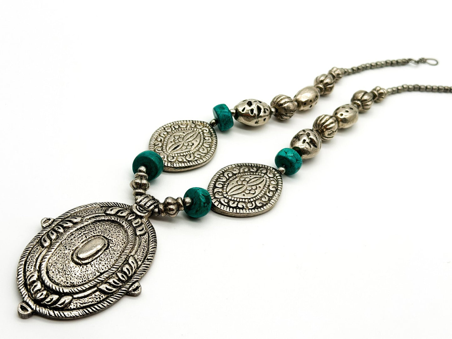 Large Silver Tone Medallion Statement Necklace Turquoise Howlite Boho Festival