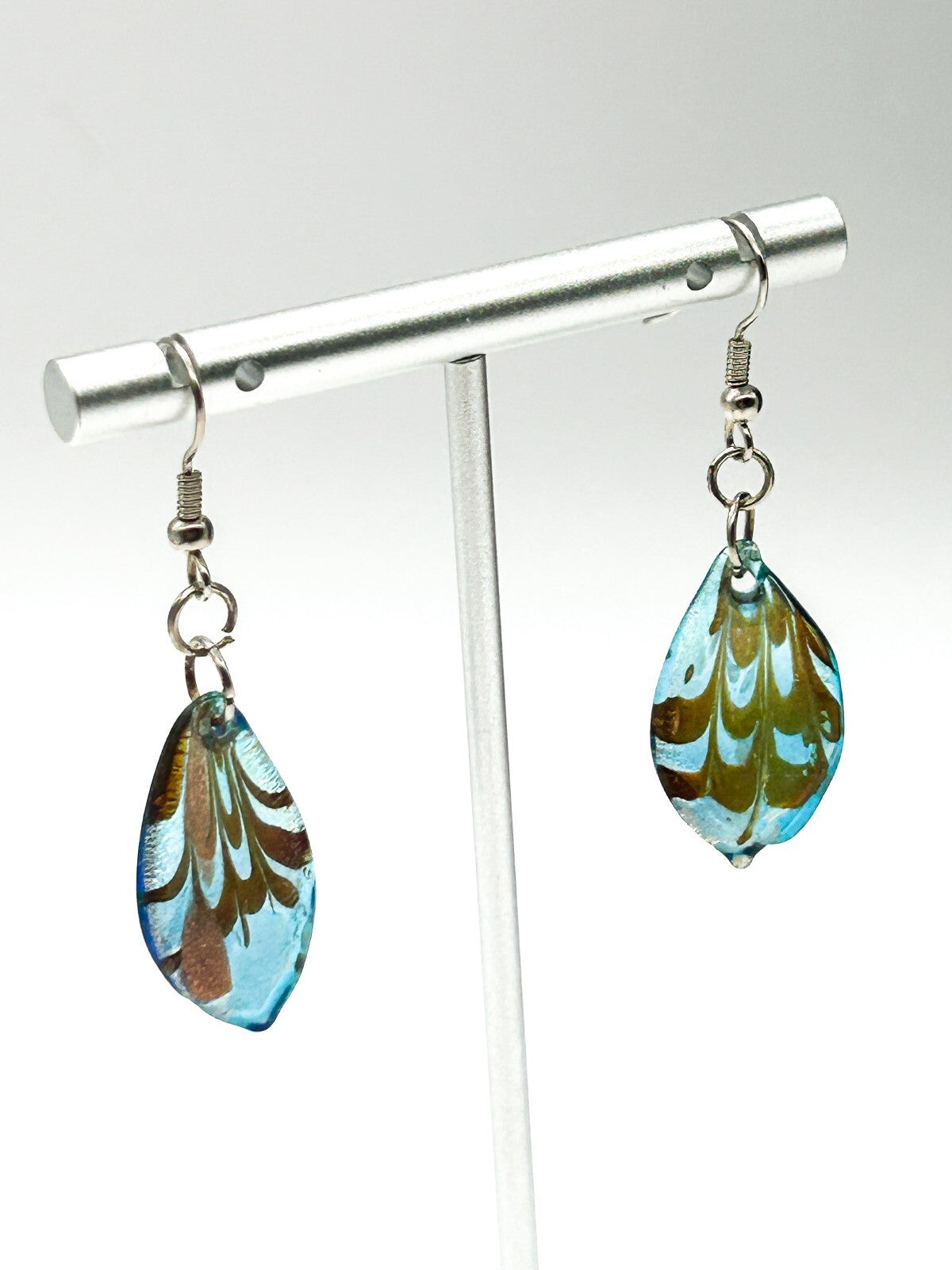 Vintage Blue Copper Metallic Art Glass Drop Earrings Teardrop Foil Glass Dangle
