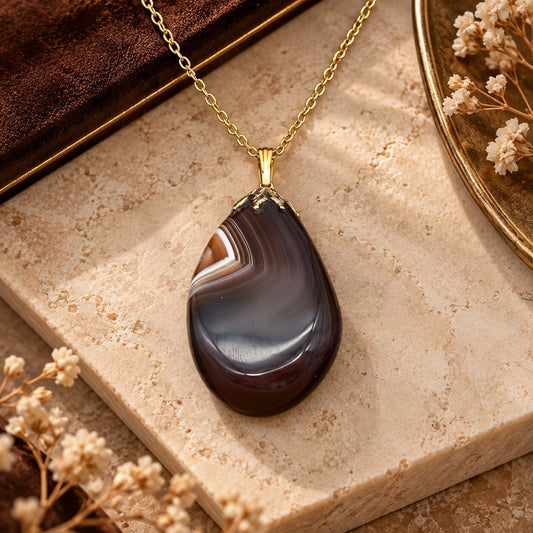 Vintage Banded Agate Nugget Pendant Necklace Brown Orange White Gold Tone 25”