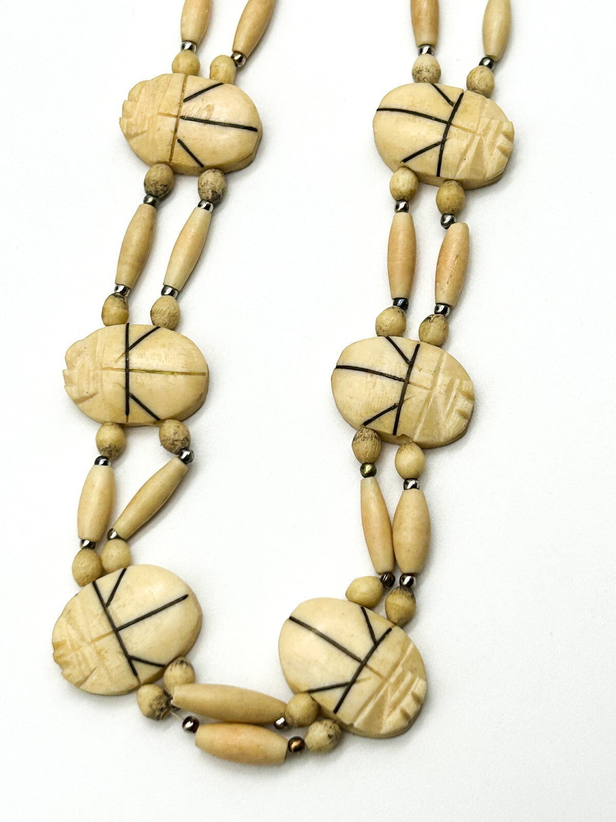 Vintage Carved Scarab Necklace Organic Material Egyptian Revival Beaded 21”