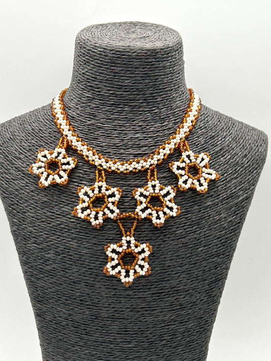 Vintage Handmade Artisan Flower Glass Bead Floral Bib Necklace Orange White
