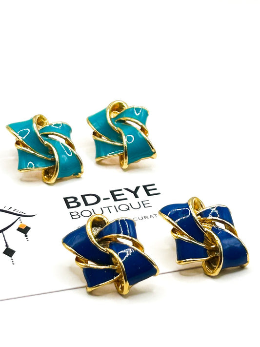 Vintage Blue Enamel Ribbon Knot Stud Earrings Gold Tone Cobalt Turquoise