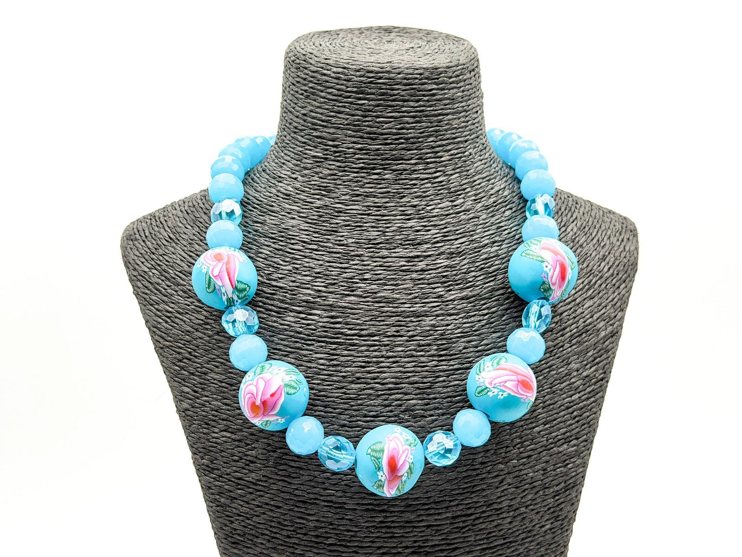 Blue Floral Statement Necklace Polymer Clay Rose Beads Faceted Glass Artisan