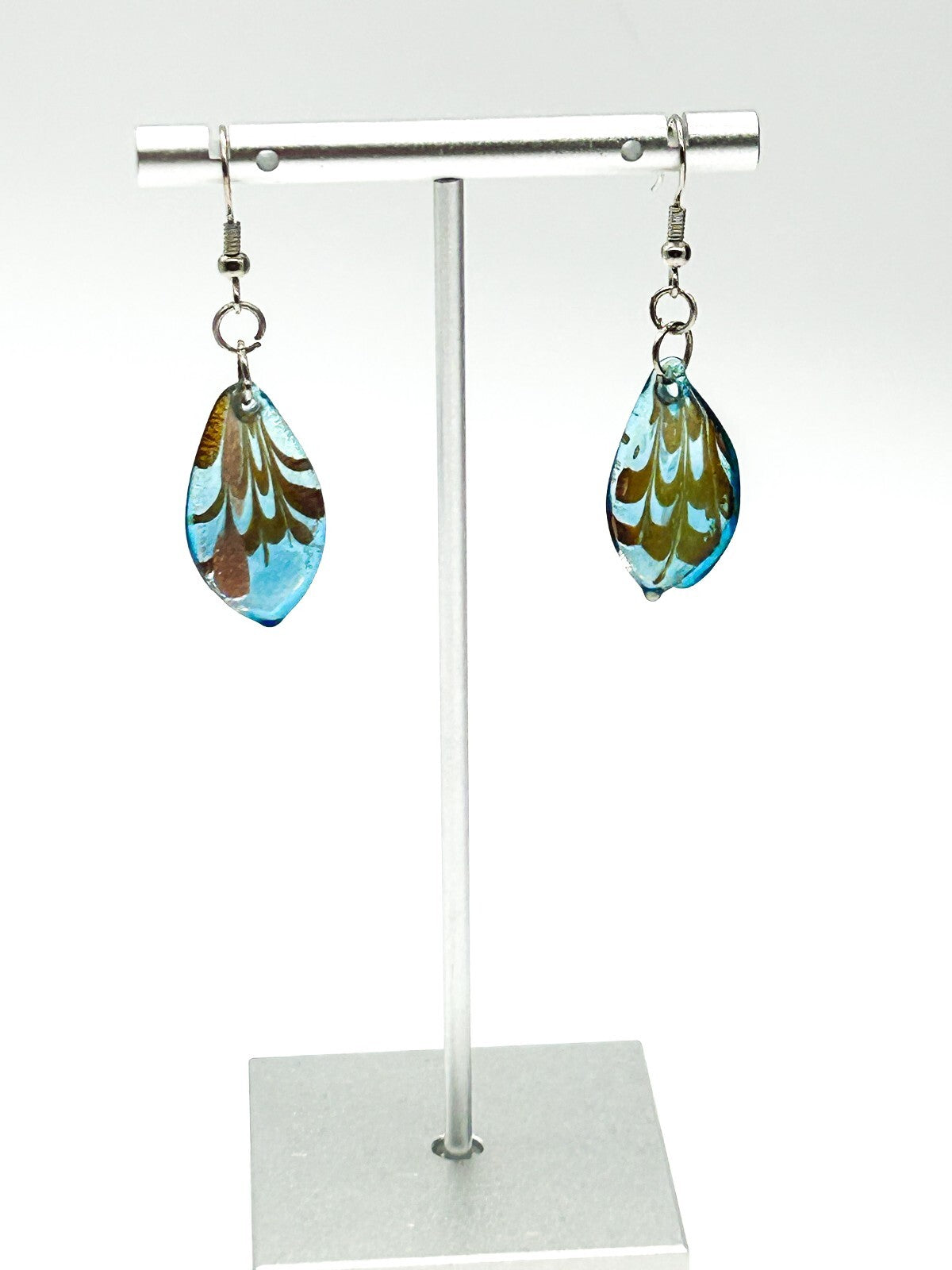 Vintage Blue Copper Metallic Art Glass Drop Earrings Teardrop Foil Glass Dangle
