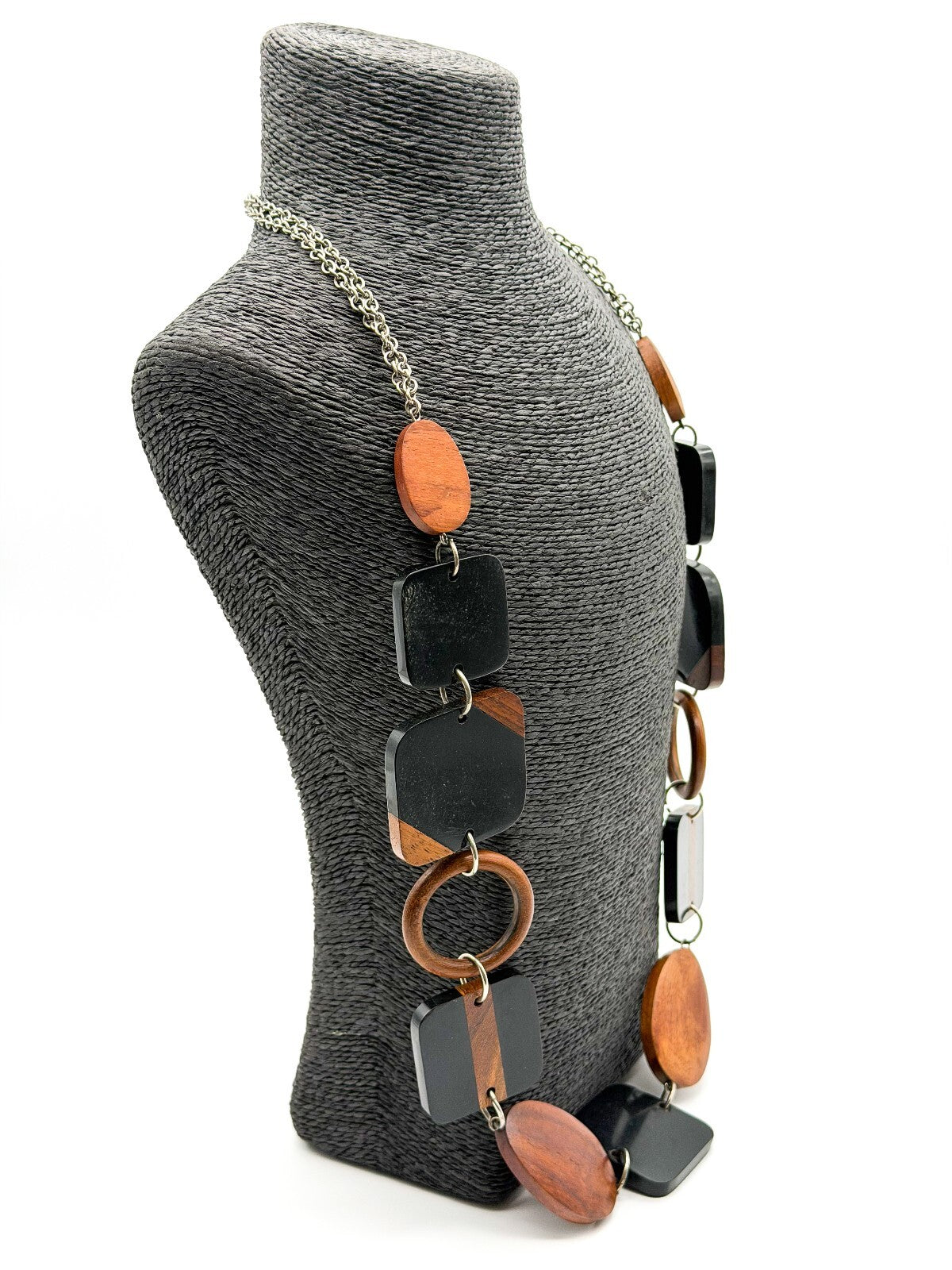 Chunky Wood & Black Resin Geometric Statement Necklace Retro Silver Chain