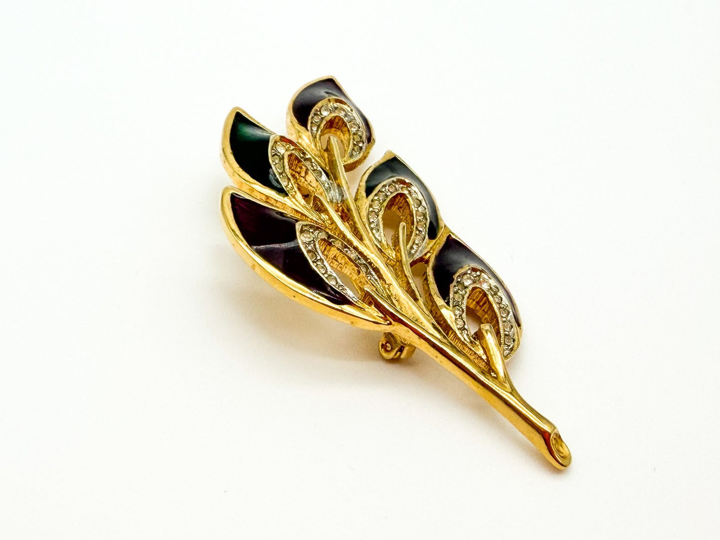 Gold Tone Purple Green Enamel Floral Spray Brooch Rhinestone Leaf Pin