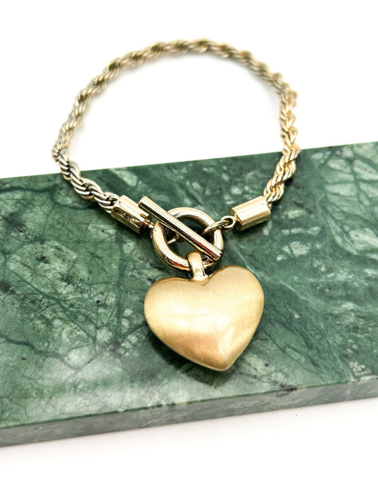 Vintage Gold Tone Rope Chain Bracelet Love Heart Charm Toggle Clasp Bracelet