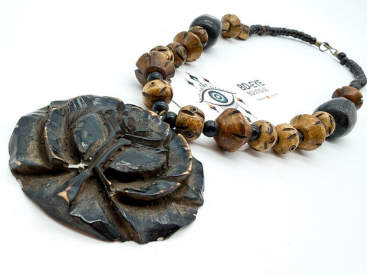 Vintage Boho Carved Organic Material Tribal Necklace Wood Bead Flower Pendant