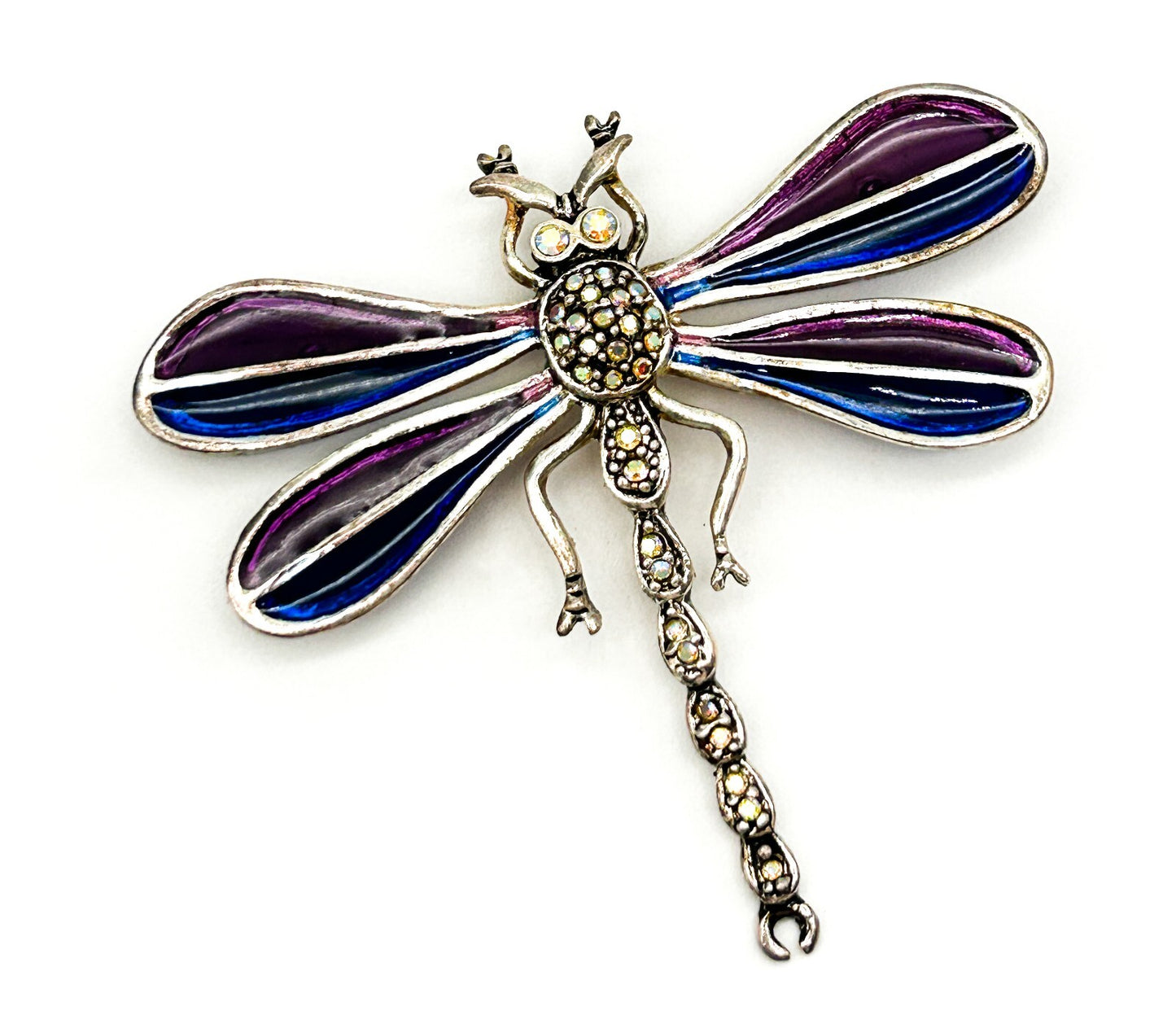 Vintage Purple Enamel Dragonfly Brooch AB Rhinestone Glass Figural Statement