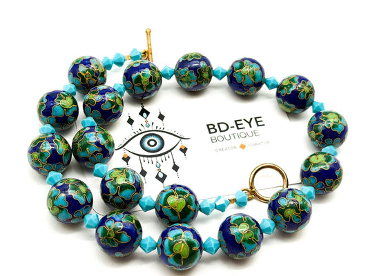 Cloisonné Enamel Bead Necklace Blue Green Floral Artisan Toggle Statement