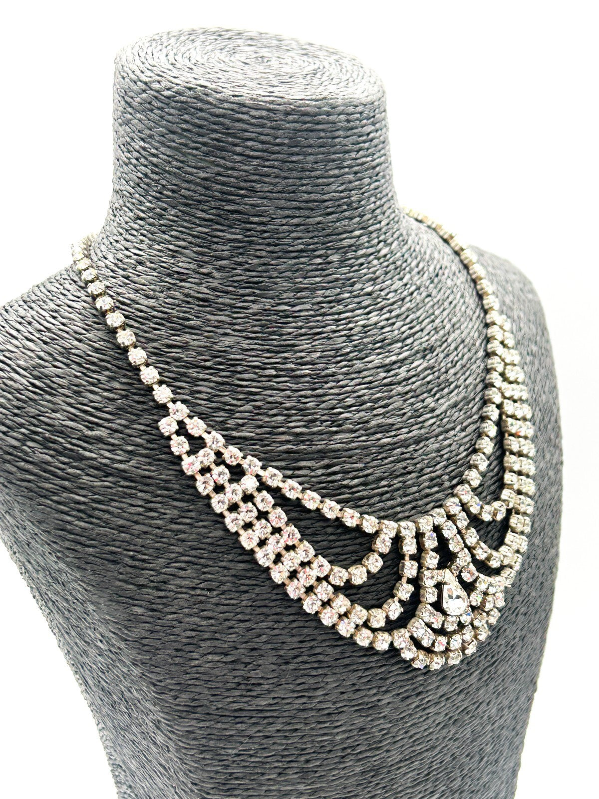 Vintage Rhinestone Bib Necklace Silver Tone Draped Cup Chain Bridal Statement
