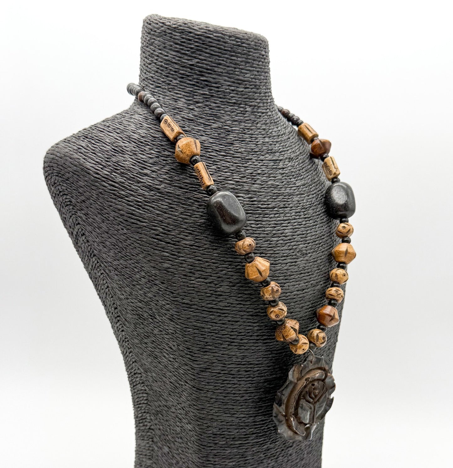 Vintage Boho Carved Organic Material Tribal Necklace Wood Bead Flower Pendant