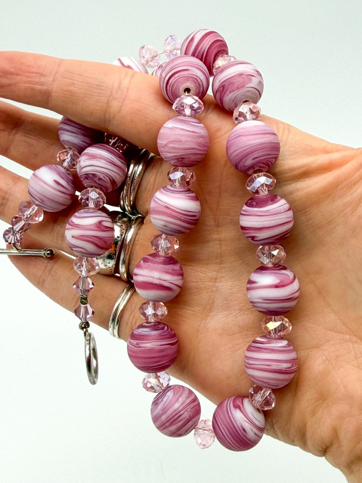Pink Swirl Art Glass Bead Necklace Crystal Spacer Statement Toggle 18.5”