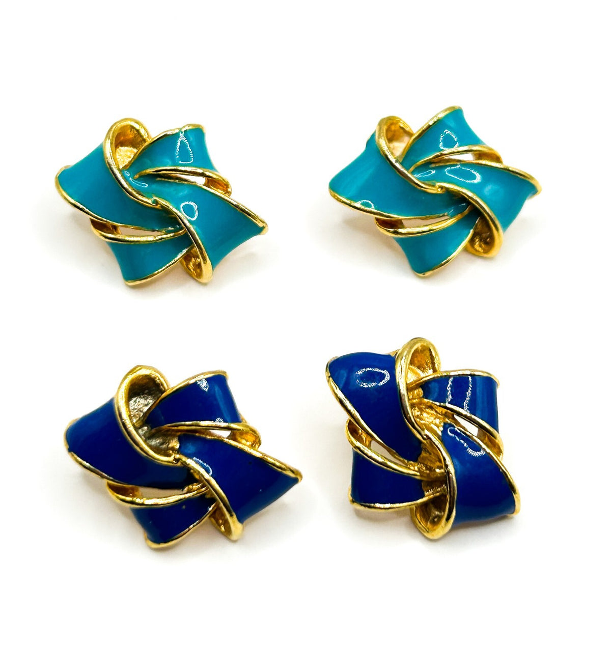 Vintage Blue Enamel Ribbon Knot Stud Earrings Gold Tone Cobalt Turquoise