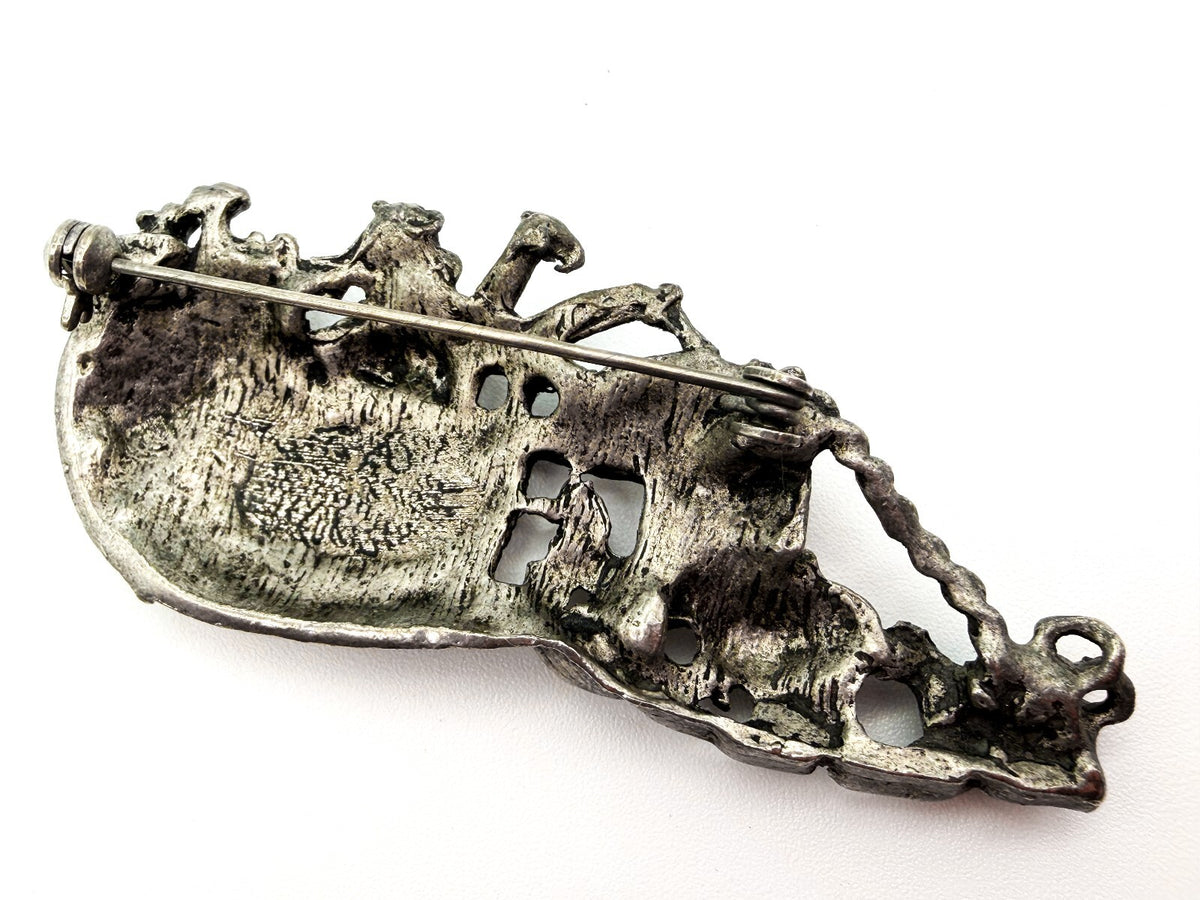 Vintage Pewter Noah’s Ark Brooch Animal Biblical Religious Pin 7cm