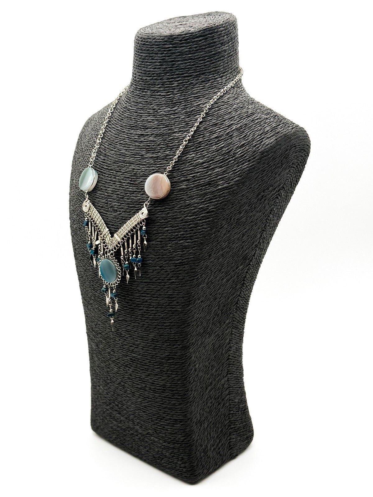 Peruvian Alpaca Silver Agate Lapis Lazuli Statement Necklace 17.5”