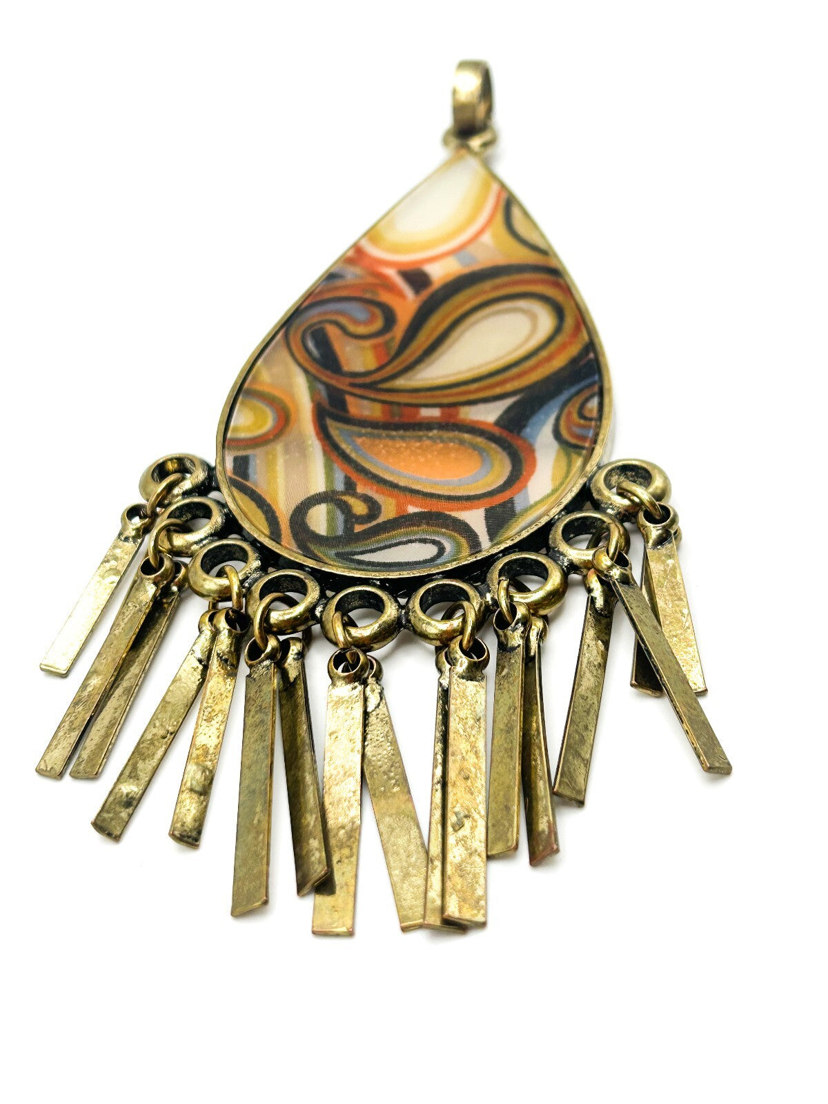 Large Retro 1970s Style Statement Pendant Orange Swirl Tassel Antique Gold Tone
