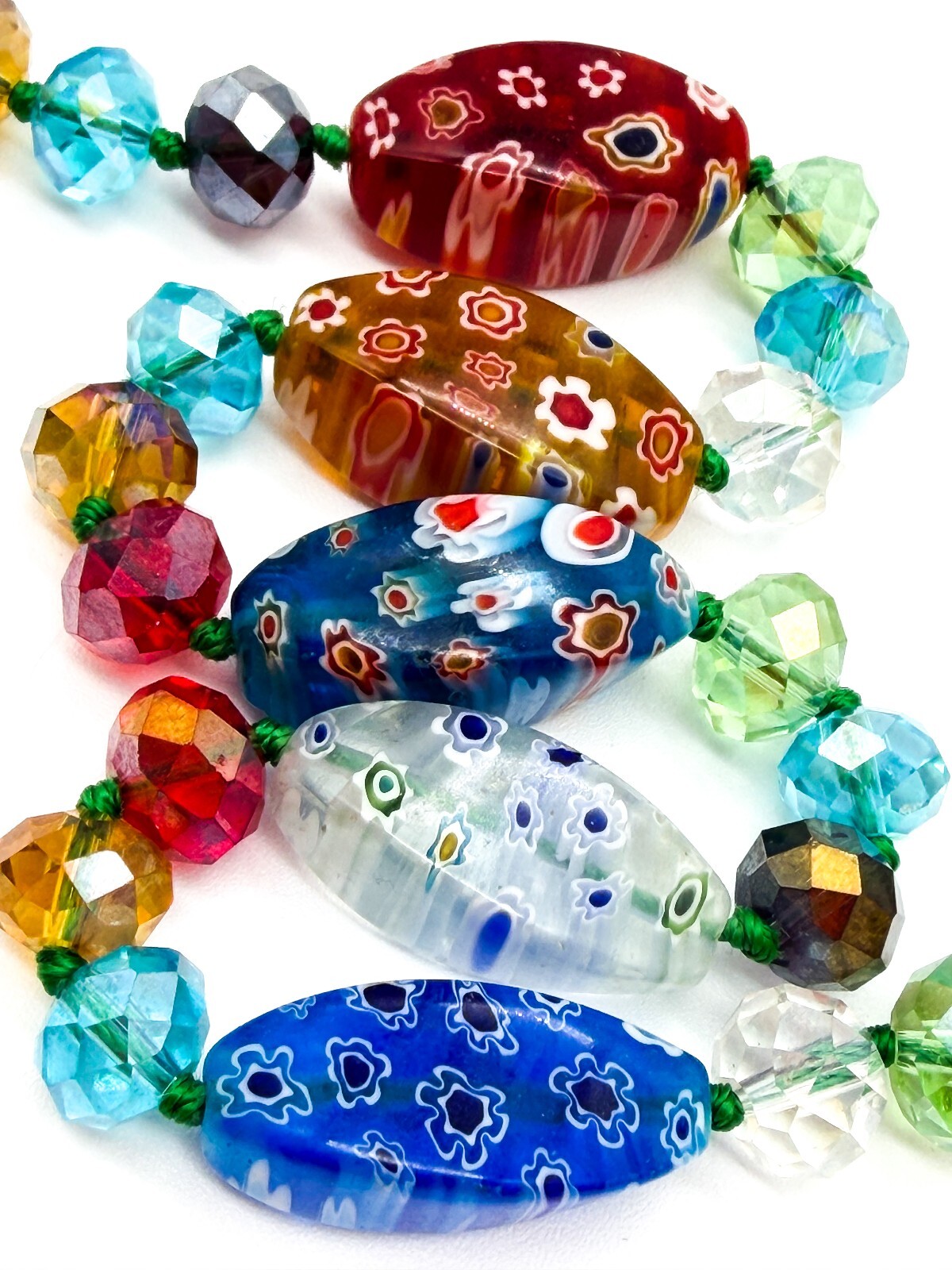 M&S Millefiori Art Glass Necklace Hand Knotted Faceted Glass Floral Beads 17”