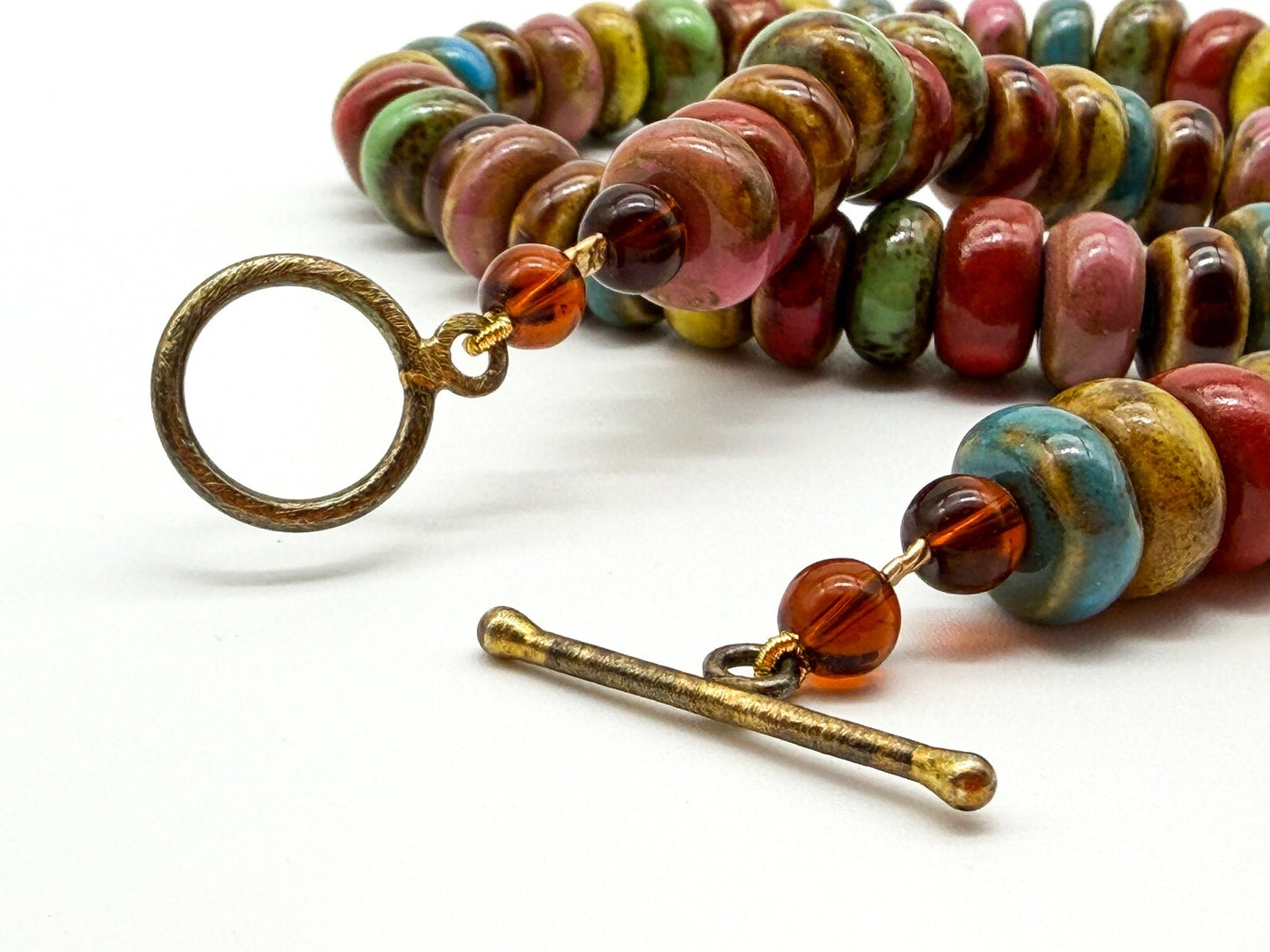 Multicolour Glazed Ceramic Disc Necklace Artisan Boho Statement Toggle Earthy